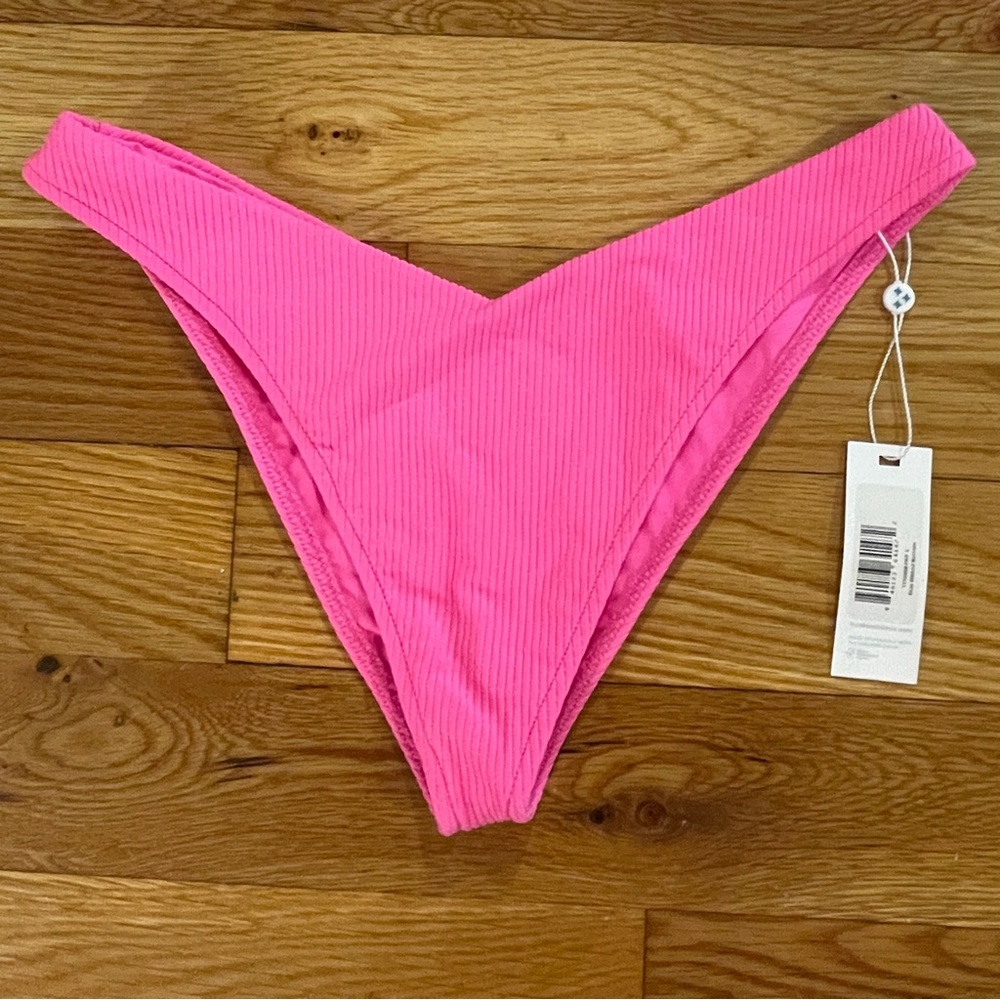 NWT FRANKIES BIKINIS Enzo Ribbed Cheeky Bikini Bottom neon pink L